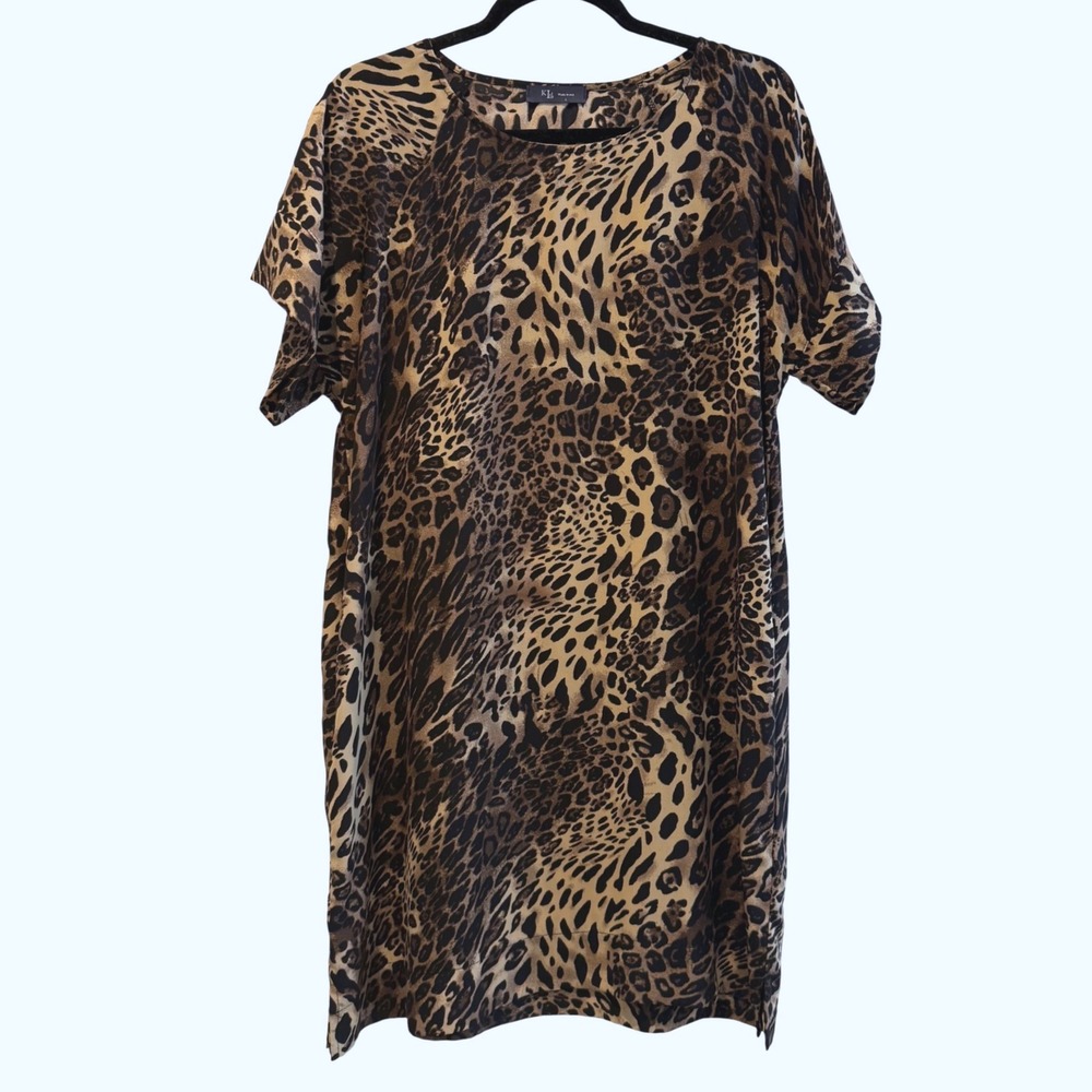 KLD Made in USA Leopard Print Dress Womens Large Pockets Animal Print
